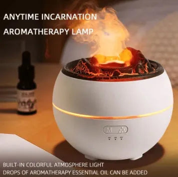 White flame aroma diffuser humidifier with round shape on wooden desk