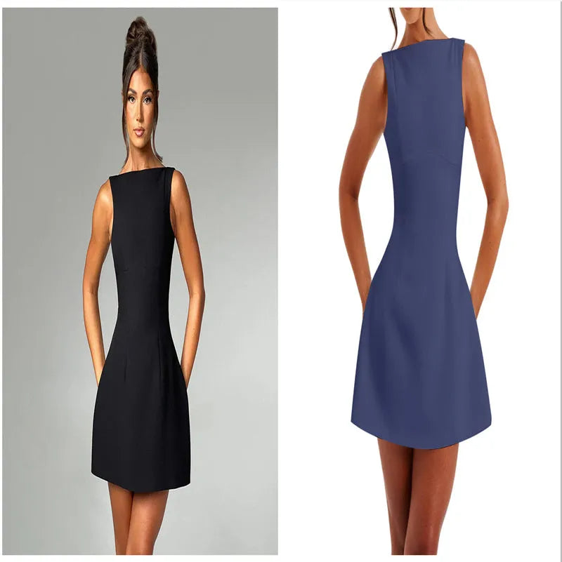 Slim-fitting backless sleeveless summer dress in street hipster style with high waist design