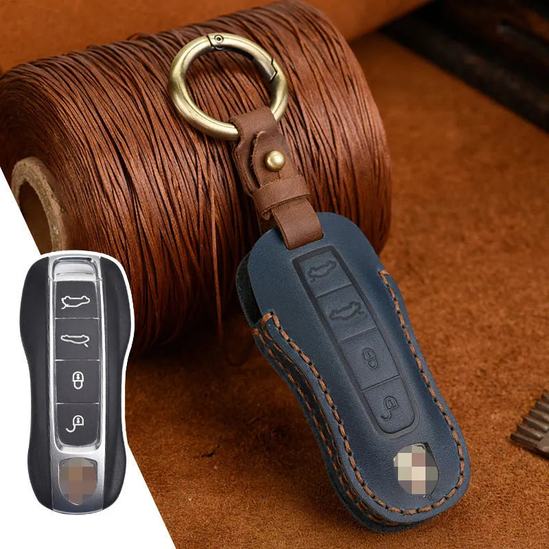 Porsche car key leather cover in blue with retro bag buckle for 4-key model