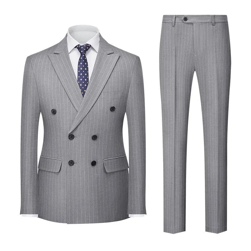 Men's striped suit with double-breasted two-button trousers, slim-fit business formal wear in chemical fibre blend fabric available in light grey, dark grey, black, wine red, khaki, and lake blue colours across sizes M to 5XL