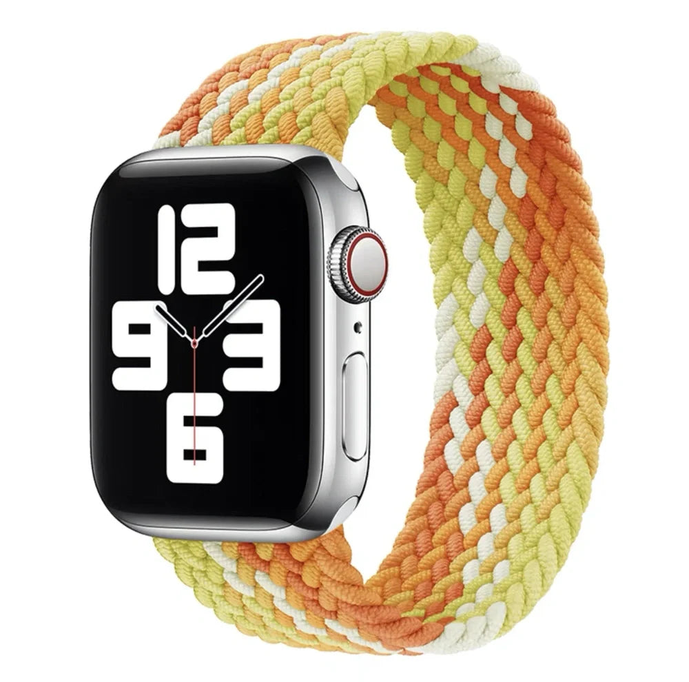 Apple Watch with elastic braided nylon strap in single-loop design showing stretch capability