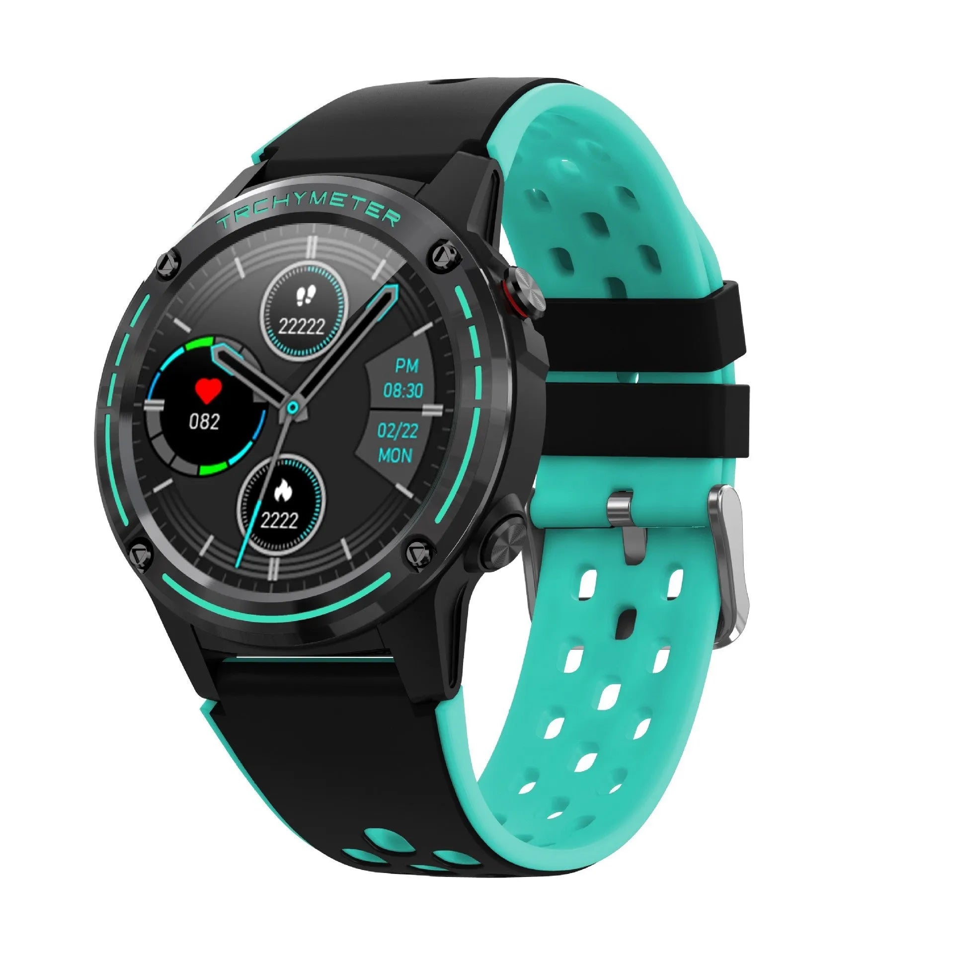 GPS smart watch with a square blue silicone strap on a wrist