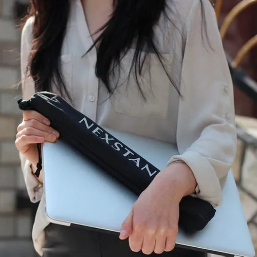 Sagacious black foldable laptop stand with lifting function, enhanced nylon construction, 35.4cm width