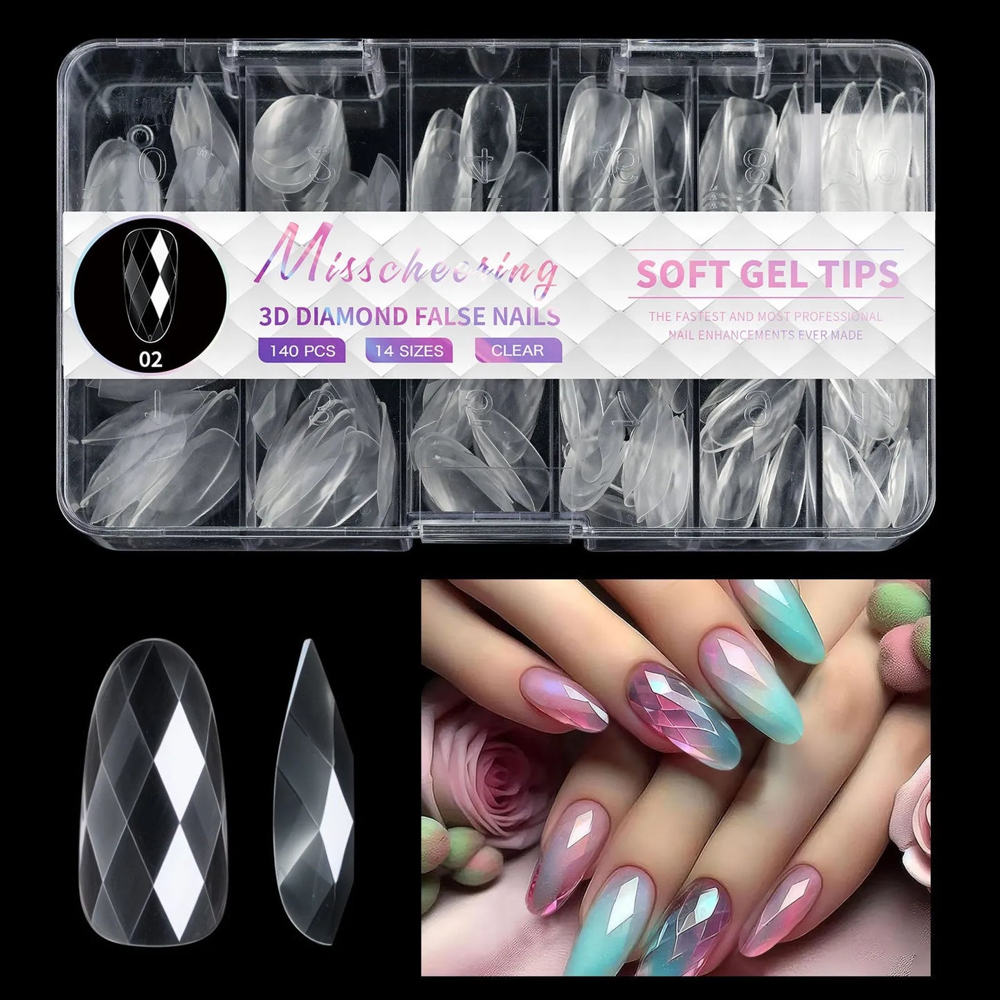 Box of 3D diamond-shaped long false nail tips in a chosen colour from the Diamond Nail range.