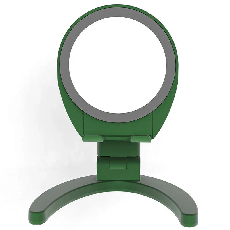 Adjustable mobile phone stand with integrated makeup mirror, featuring a sleek and versatile design for hands-free use and on-the-go touch-ups.