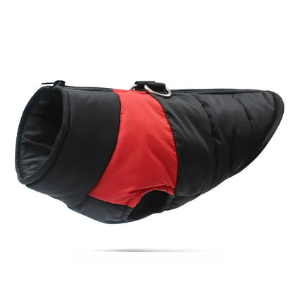 Waterproof padded dog winter jacket with zipper, shown in red on a medium-sized dog.