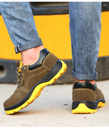 Bronze low-cut leather safety shoes with steel toe cap and patterned non-slip rubber sole.
