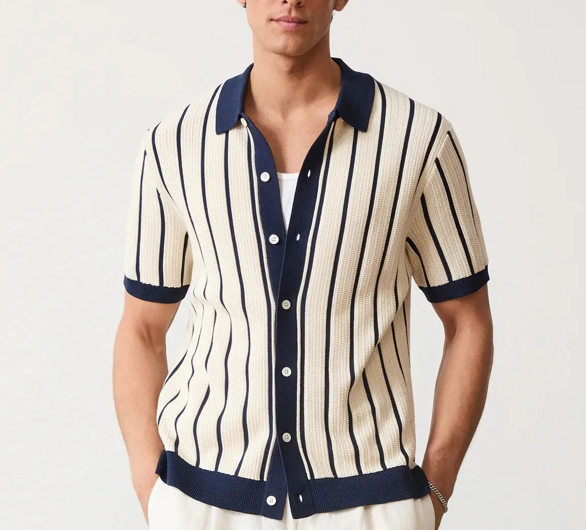 Men's white asymmetric lapel knitted top with short sleeves and striped pattern, ice silk and spandex fabric