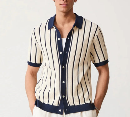 Men's white asymmetric lapel knitted top with short sleeves and striped pattern, ice silk and spandex fabric