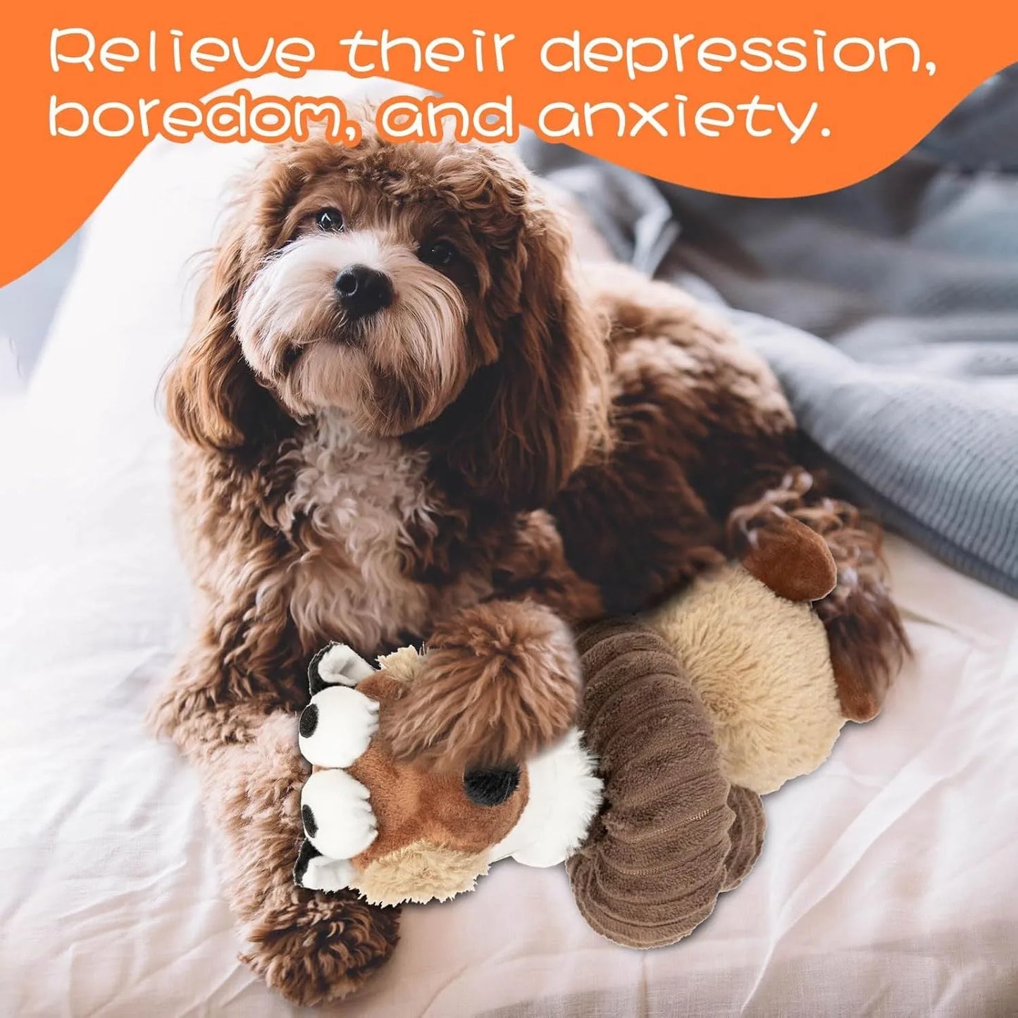 Assorted plush squeaky dog toys with crinkle texture in brown, grey, and yellow colours showing foldable design