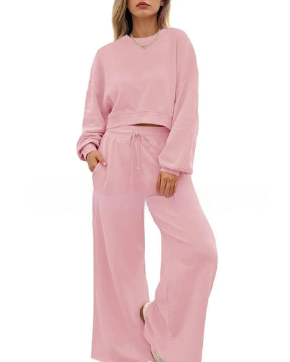 Women's solid colour polyester two-piece set with trousers and long-sleeved top in street hipster style