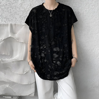 Black sleeveless vest with distressed hole detailing and wide shoulder loose fit