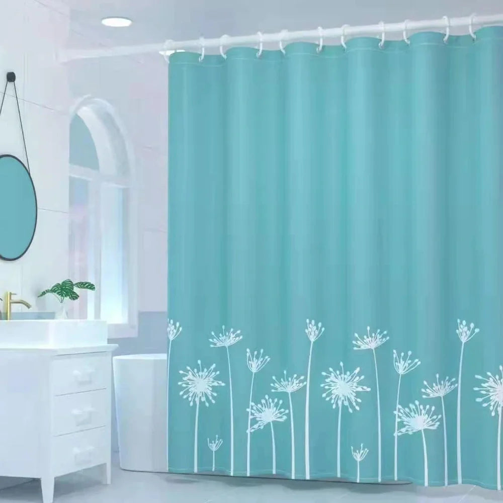 Waterproof polyester shower curtain with printed design, available in multiple sizes for bathroom protection