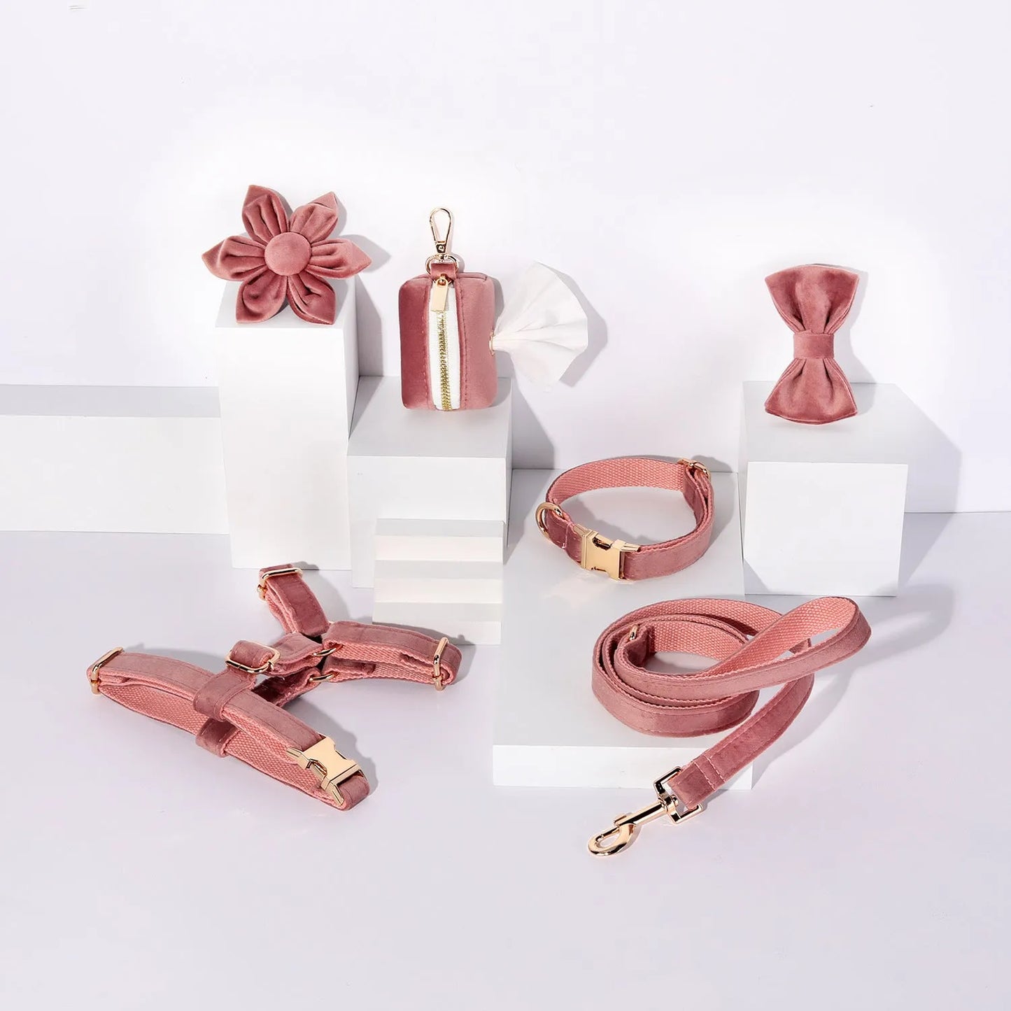 Classic velvet pet collar traction rope set with bow tie decoration and adjustable chest strap
