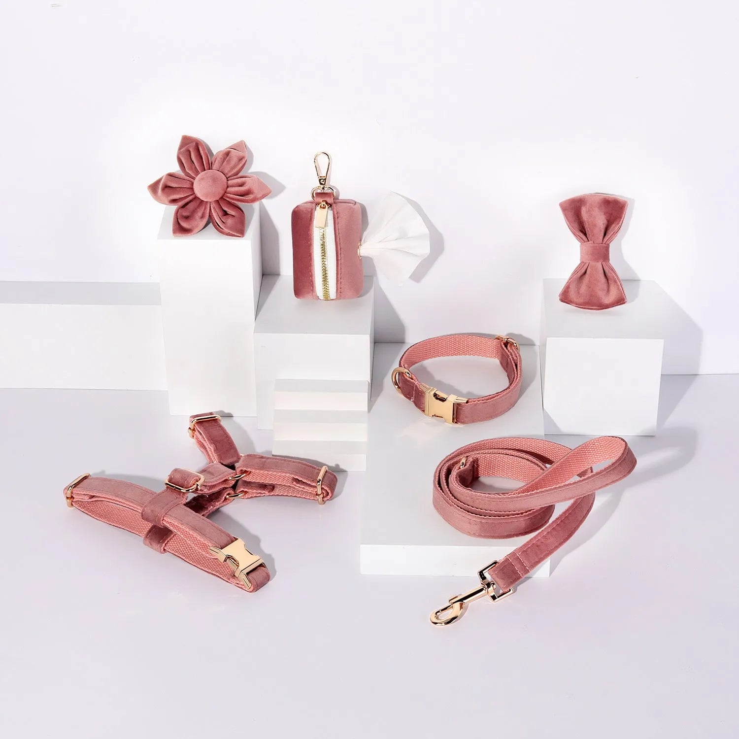Classic velvet pet collar traction rope set with bow tie decoration and adjustable chest strap