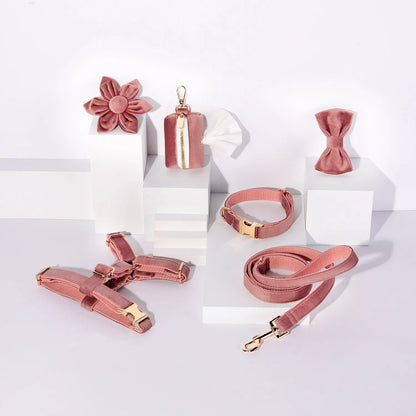 Classic velvet pet collar traction rope set with bow tie decoration and adjustable chest strap