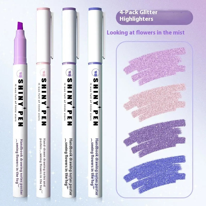 Sparkling Star River Highlighter set with 4mm slanted tip and glitter ink in six shades including taro puff and mung bean smoothie.