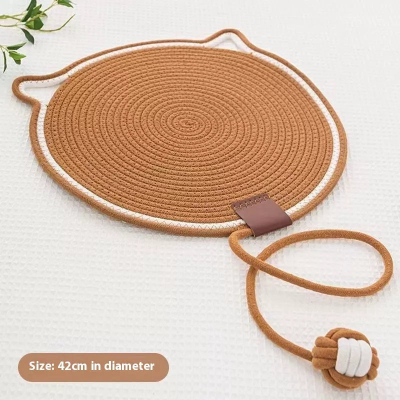 Braided cotton rope cat claw mat with integrated toy ball in various colors