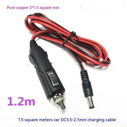 Black 12V car charging cable with cigarette lighter plug and DC5.5 connector for powering vehicle equipment