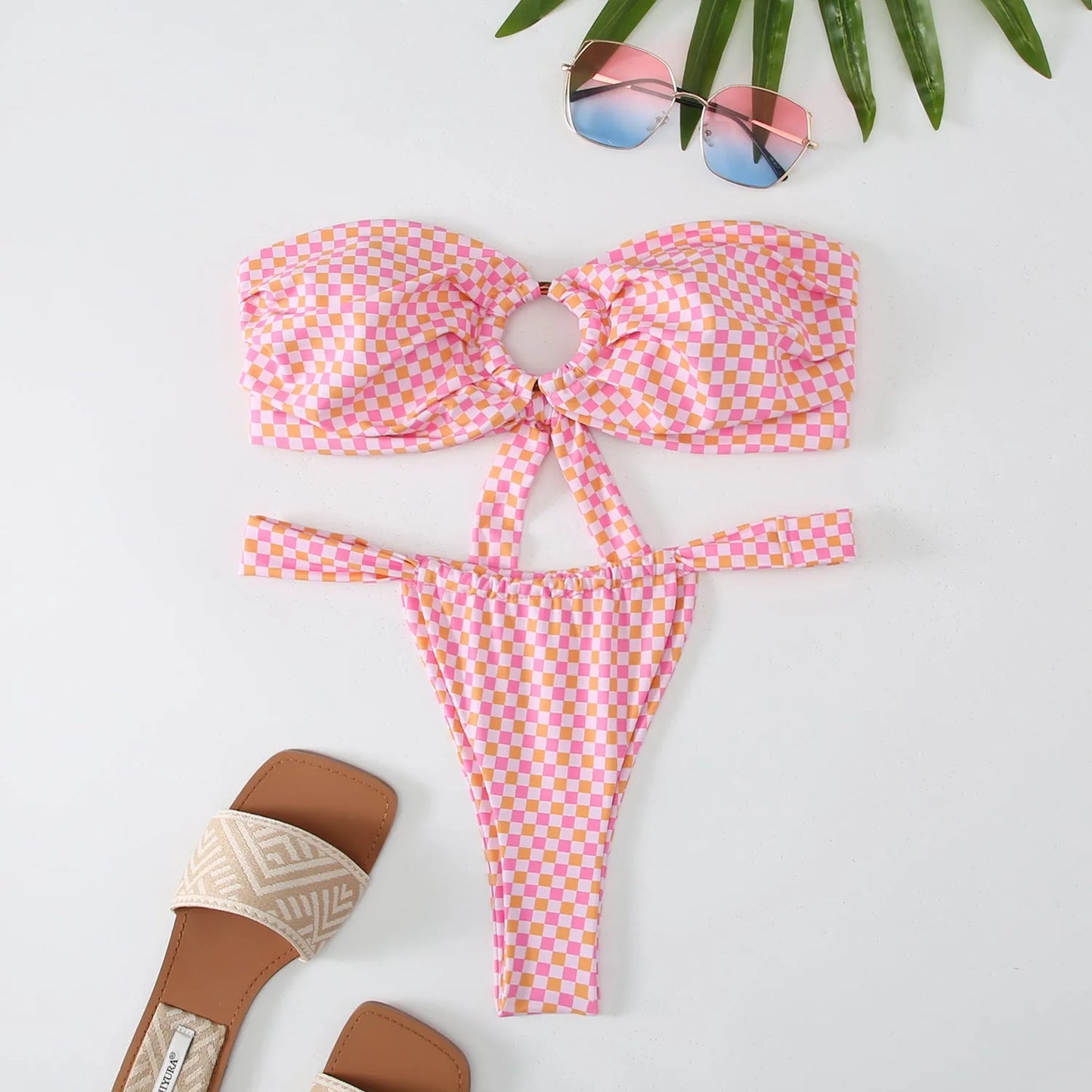 Women's floral print tube top ring bikini swimsuit with high elasticity for swimming and fitness activities