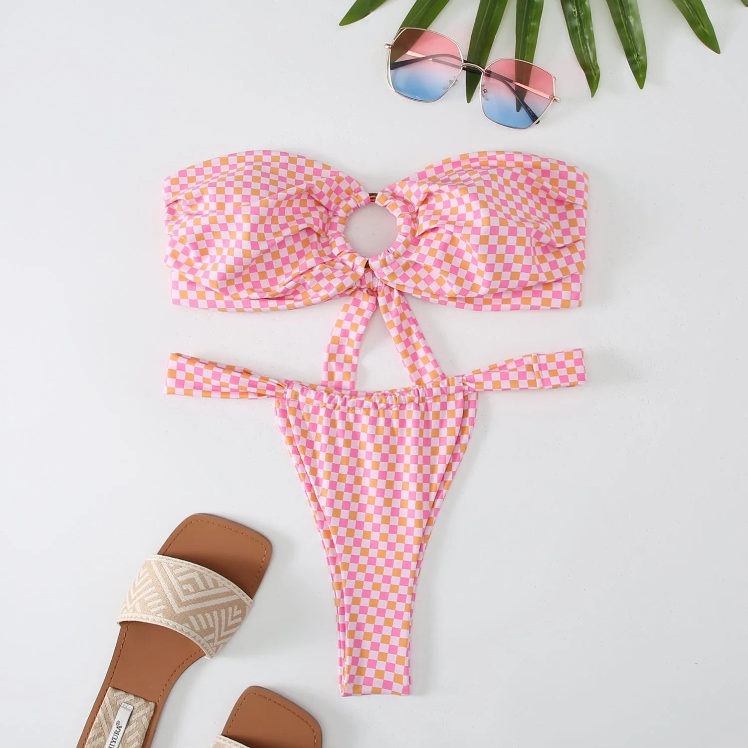 Women's floral print tube top ring bikini swimsuit with high elasticity for swimming and fitness activities