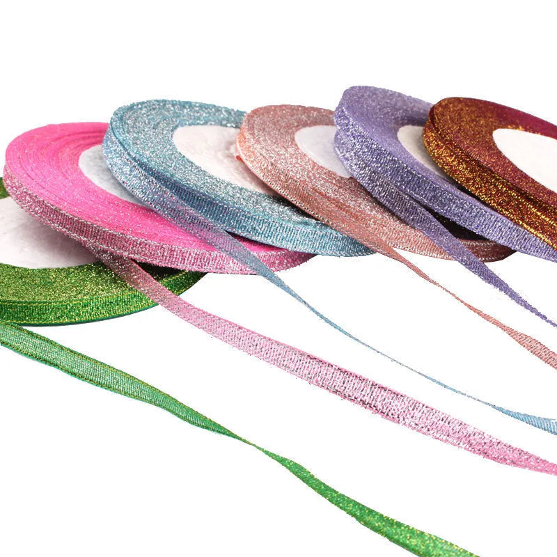 Polyester gift packaging bow ribbon showing 0.6cm width and colour options including gold leaf and metallic variations