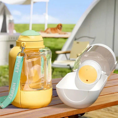 Portable 2-in-1 dog and cat water bowl with food container, available in white, yellow, and grey colors