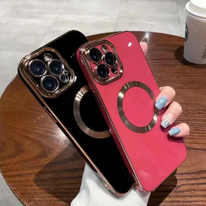 Electroplated metal brushed magnetic iPhone case showing magnetic ring and precise port cutouts