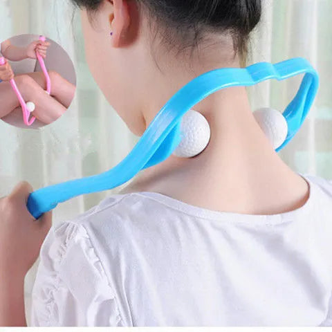 Plastic swan-shaped neck massager in pink, blue, or green with adjustable width and 3D floating-point rollers
