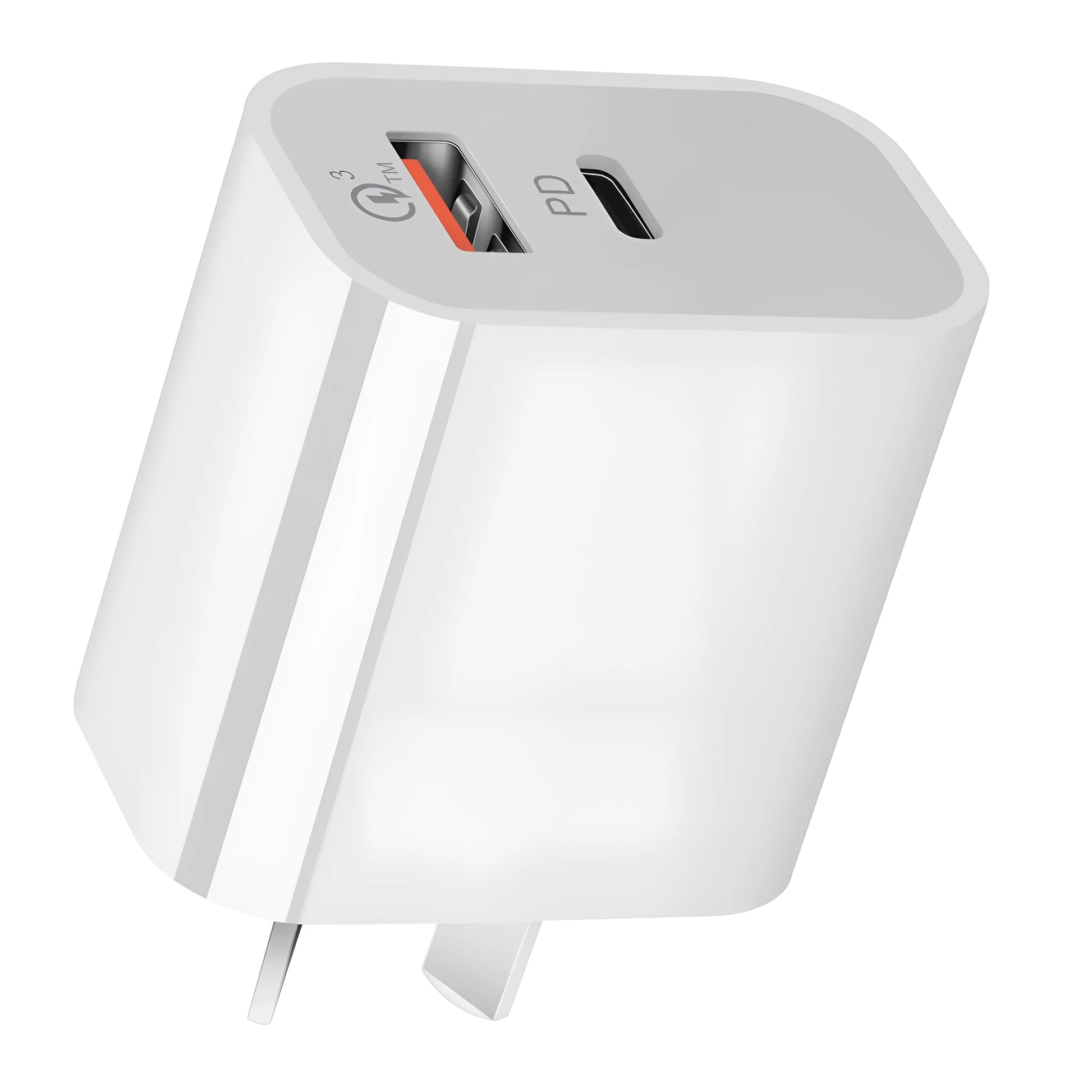 White Australian dual-port USB wall charger with USB-A and USB-C ports