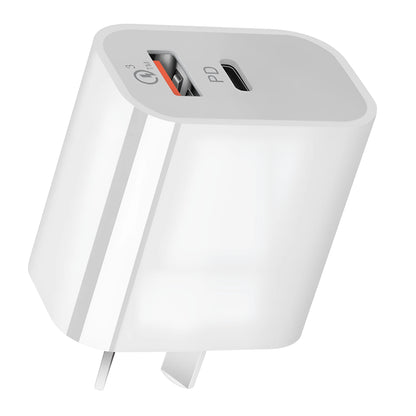 White Australian dual-port USB wall charger with USB-A and USB-C ports