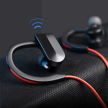 Wireless neckband Bluetooth earphones in black, blue, or red colour with USB charging cable.