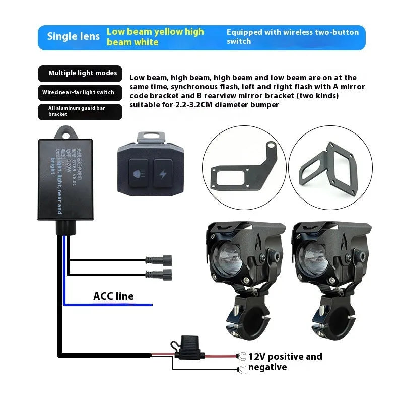 Motorcycle and car LED spotlight kit with integrated lens, wireless remote switch, and mounting brackets.