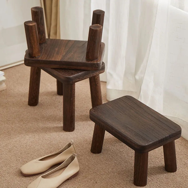 Solid wood stool with bracket structure and distressed finish for shoe changing