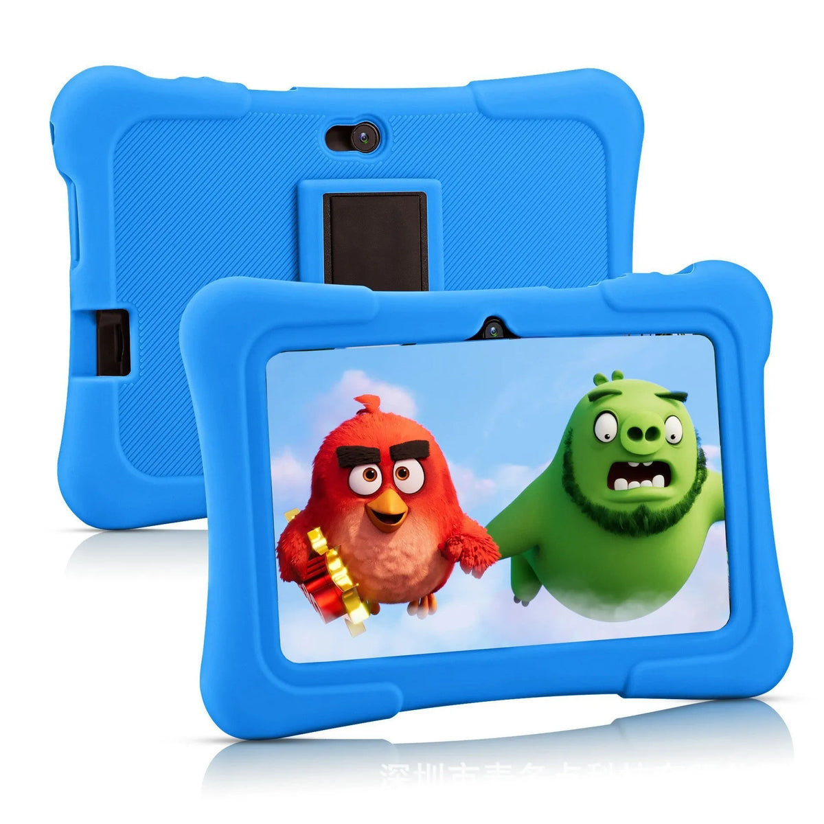 7-inch children's tablet with silicone sleeve, HD screen, WiFi and Bluetooth, shown in blue.