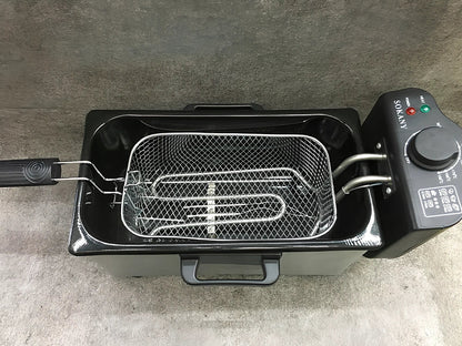 Silver household french fries fryer with 3-litre capacity basket and temperature control dial