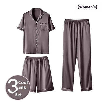 Men's black ice silk three-piece home wear set featuring a loose-fitting top with matching trousers and shorts.