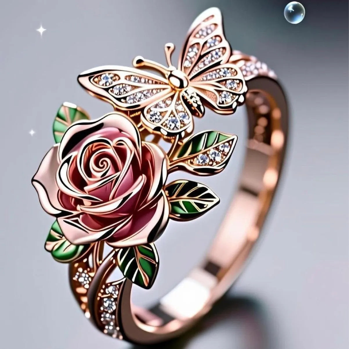 Adjustable butterfly ring with dripping oil colour treatment showing floral and insect motifs in fairy style design