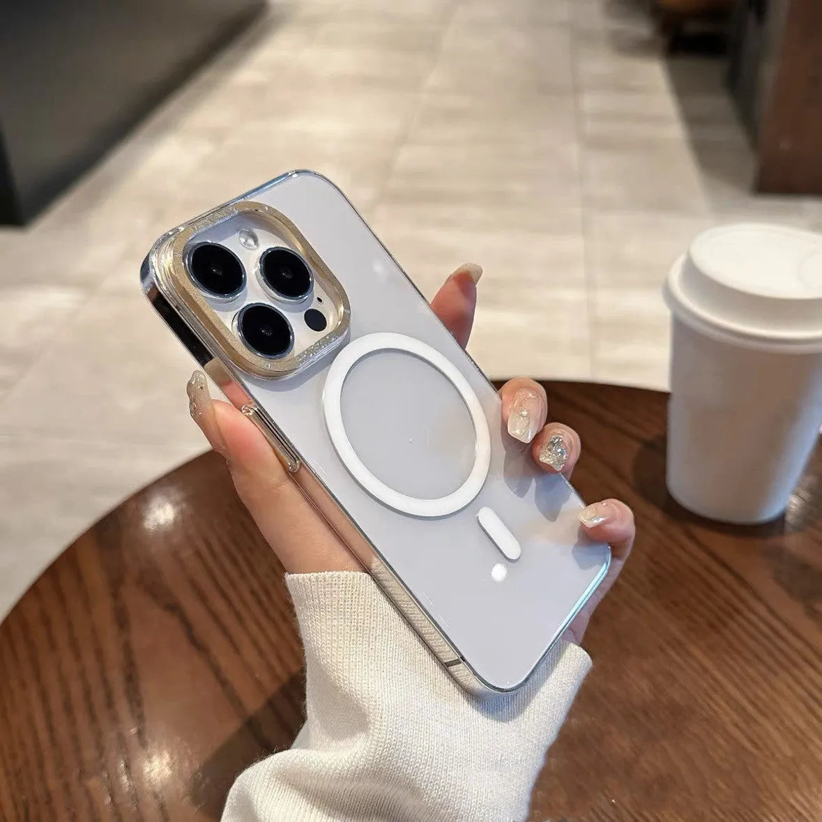 Transparent magnetic phone case with metal lens frame and independent metal buttons for iPhone 12 to 15 Pro Max
