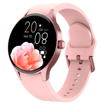 Smart sport watch with round touch screen shown in multiple colour options.