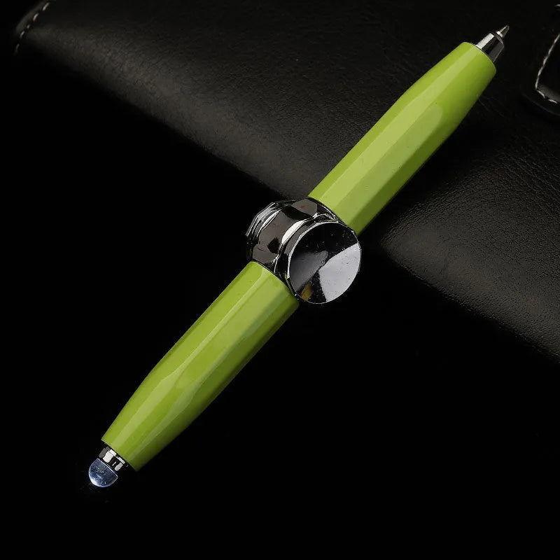 Creative multi-function metal pen with LED light and fingertip gyro spinner for writing and fidgeting.