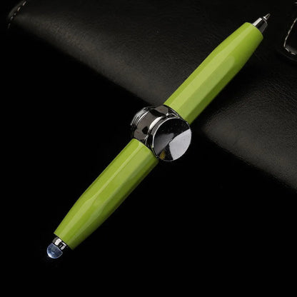 Creative multi-function metal pen with LED light and fingertip gyro spinner for writing and fidgeting.
