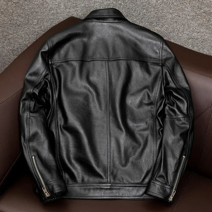 Man's black lapel PU leather jacket with side seam pockets, shown on a hanger.