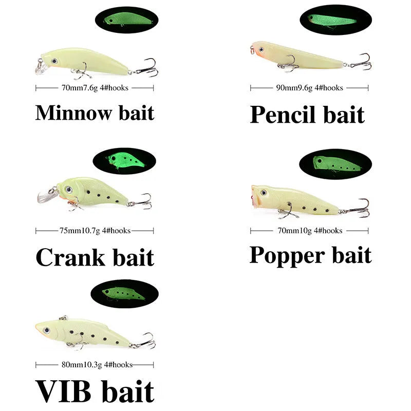 3D fluorescent simulation submerged luminous hard bait fishing gear set with five realistic fish lures in suit colours