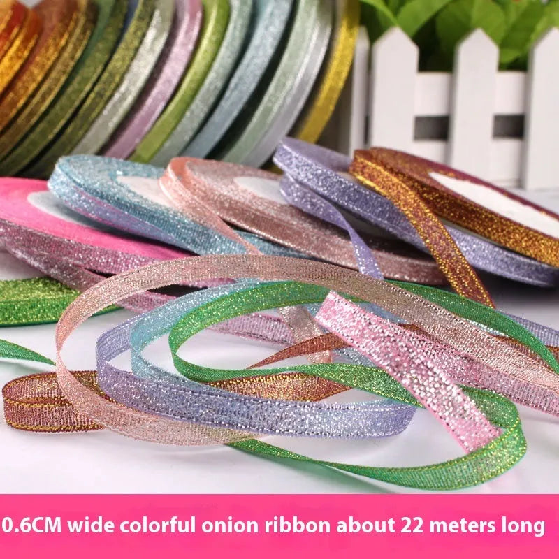 Polyester gift packaging bow ribbon showing 0.6cm width and colour options including gold leaf and metallic variations