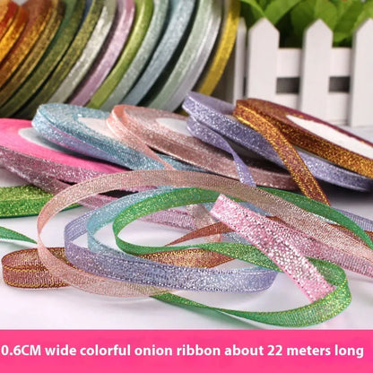 Polyester gift packaging bow ribbon showing 0.6cm width and colour options including gold leaf and metallic variations
