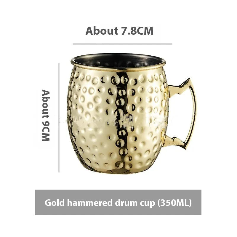 Stainless steel Moscow Mule cup with copper interior in gold, rose gold, silver, or black finish.