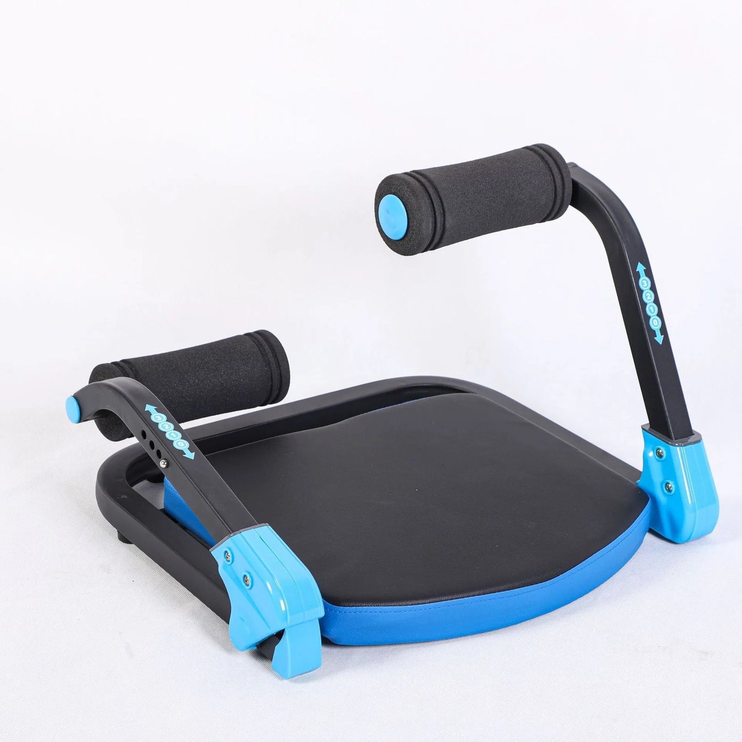 Compact sky blue abdominal roller with textured handles on a wooden floor, showing its 38cm length.