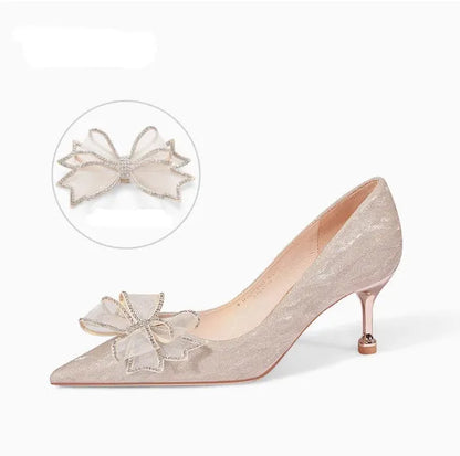 Champagne gold crystal sequinned stiletto heel pumps with shallow mouth for wedding banquets