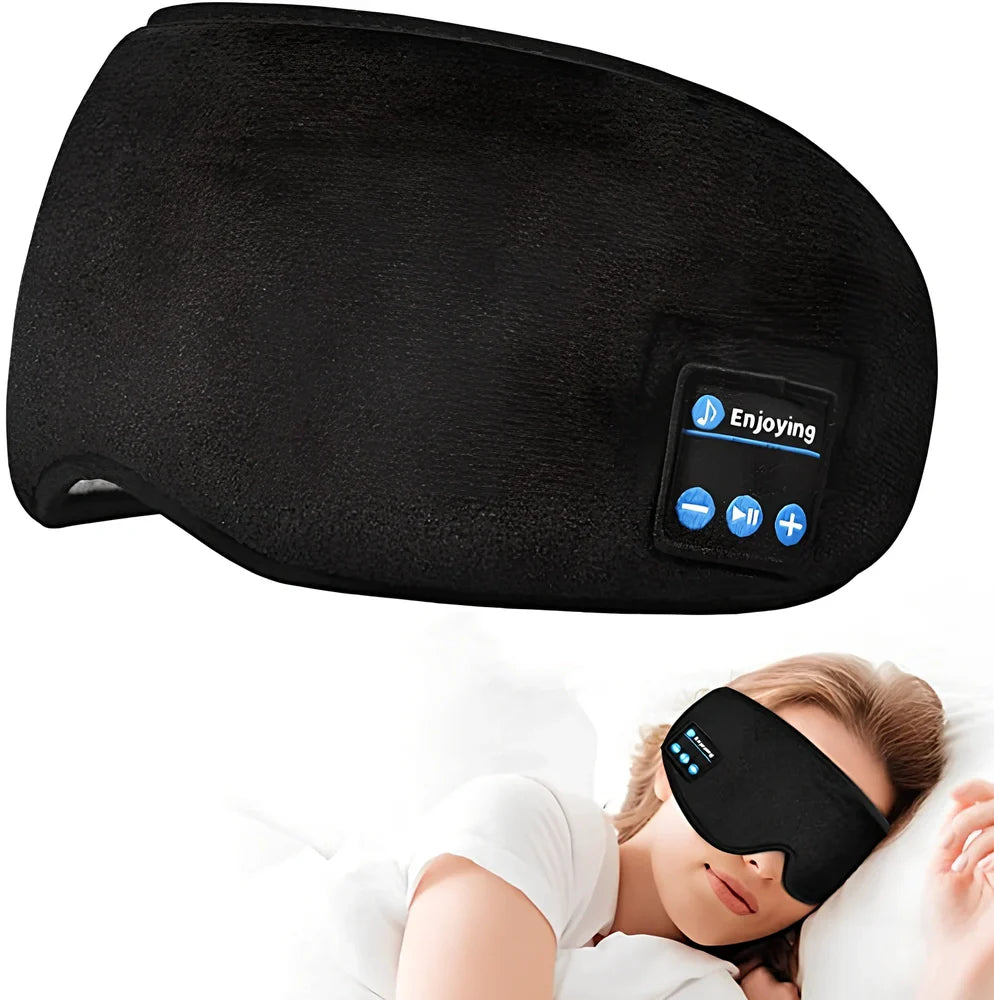 Black Bluetooth 5.0 eye mask with adjustable elastic strap and built-in speakers for wireless audio